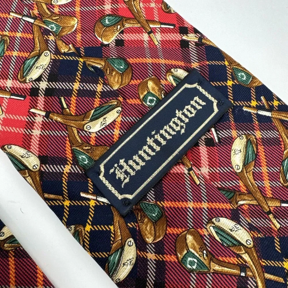 VTG Huntington Necktie‎ 100% Silk Golf Club Red Blue Plaid USA Made 3.75
